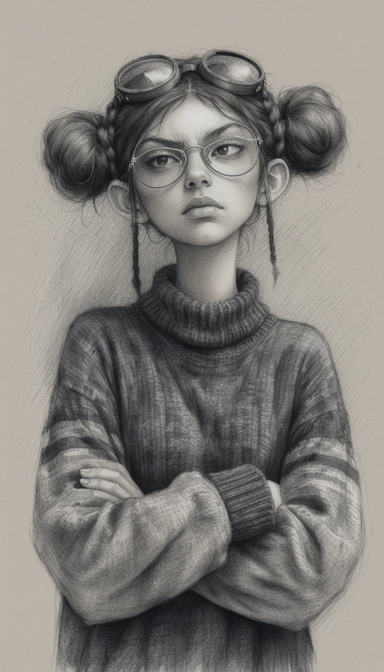Chica melancólica con gafas en retrato a lápiz en blanco y negro