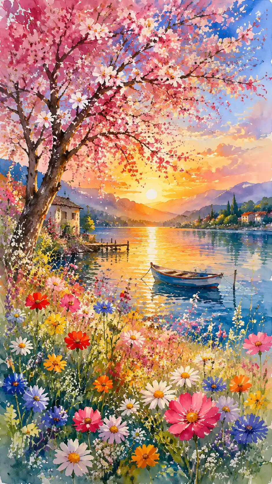 Albero in fiore ad acquerello sul lago al tramonto estivo