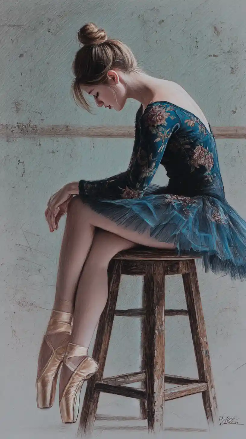 Young ballerina resting on a worn wooden stool