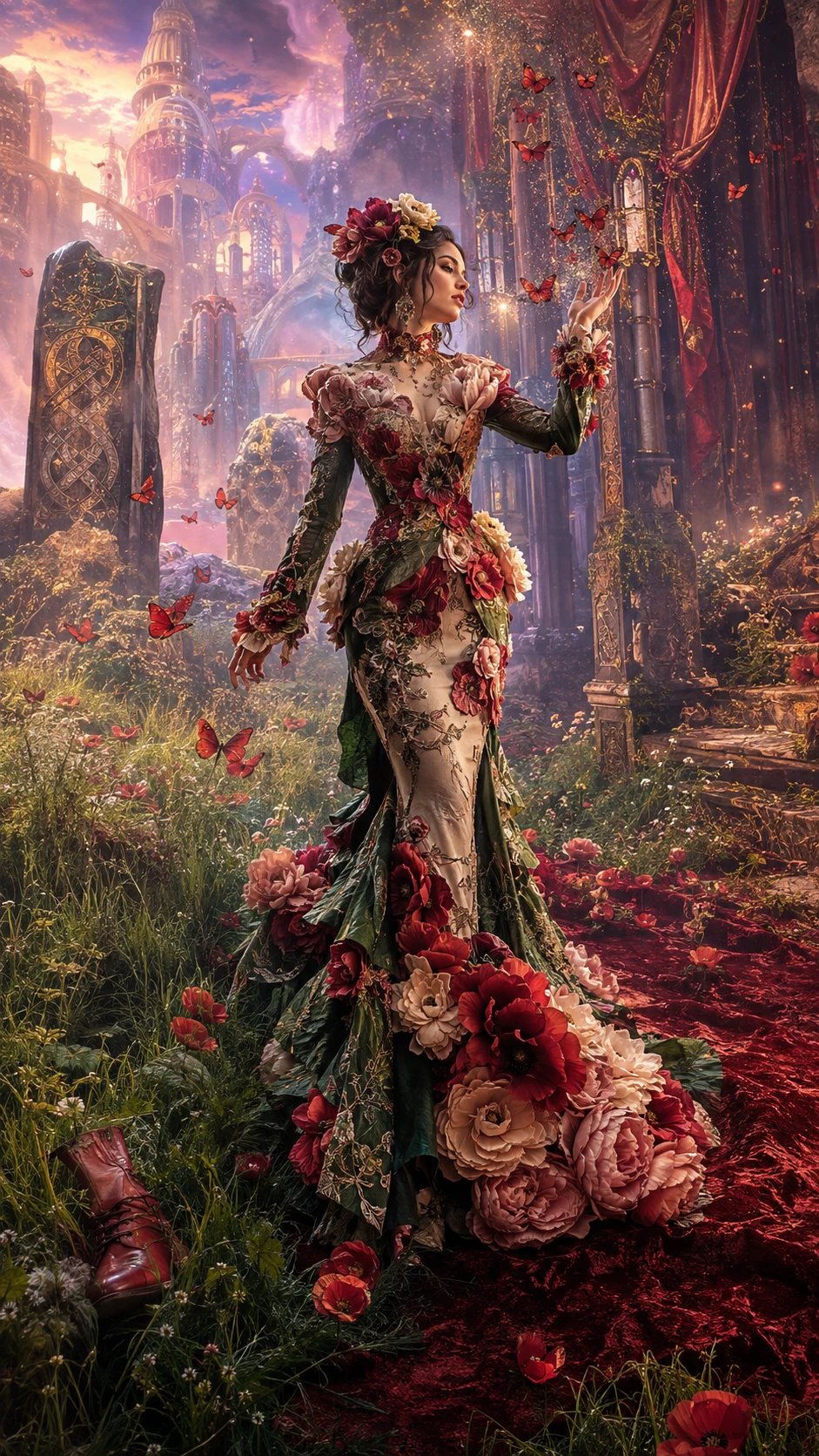 Elegante Frau in Couture-Kleid am Rand einer Wiese