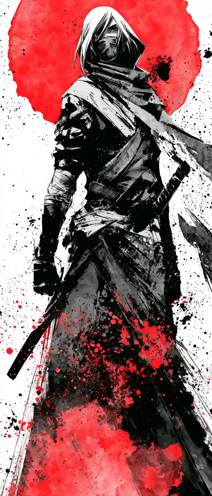Dynamic anime warrior in bold sumi e ink style