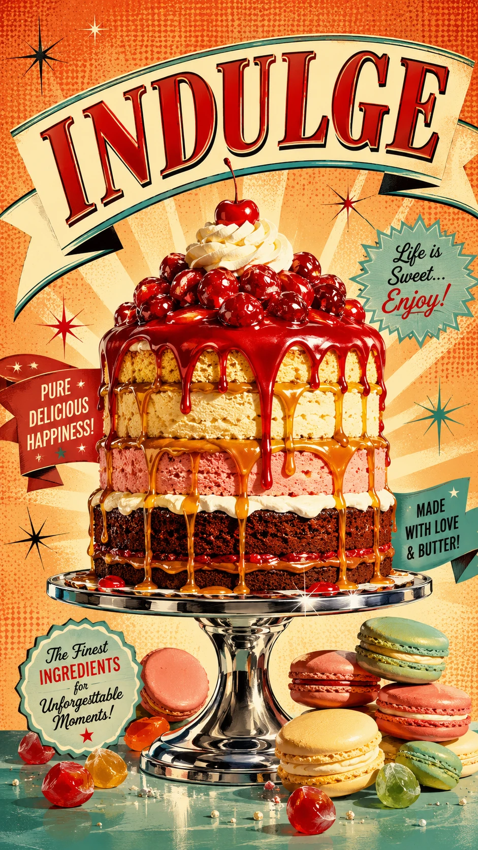 Ilustración de pastel retro en pedestal cromado con texto en negrita “Indulge”