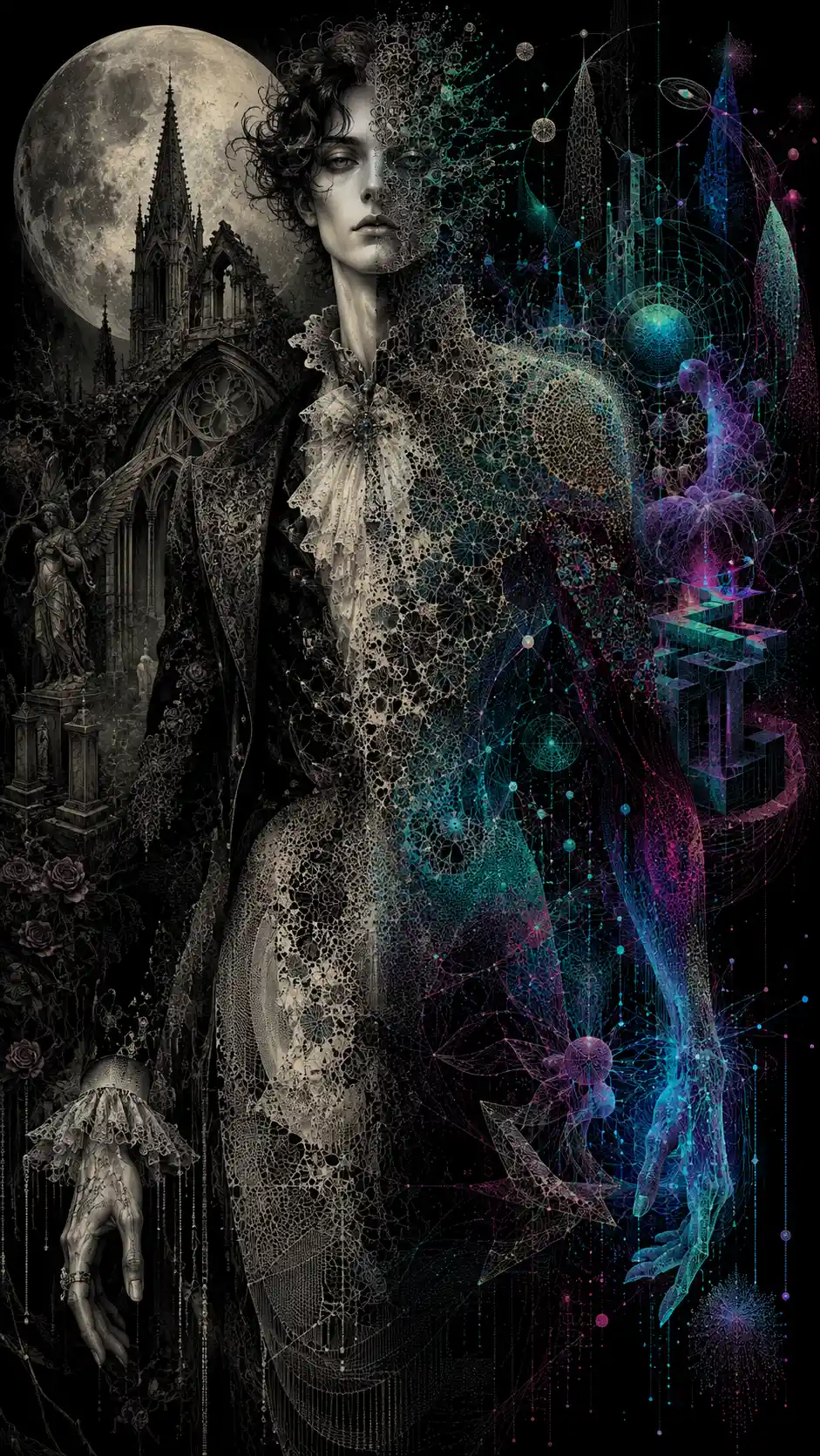 Androgynous figure between gothic stone and neon fractal worlds