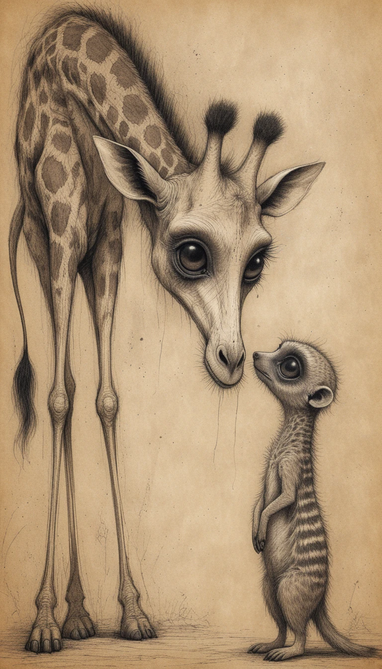 Eerie ink giraffe and meerkat sketch on aged paper