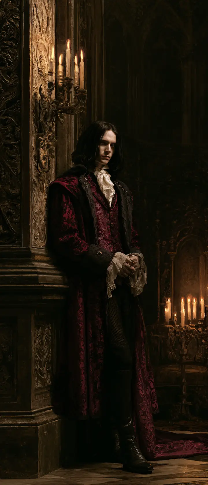 Aristocratic Vampire In Candlelit Gothic Hall Oil Painting
