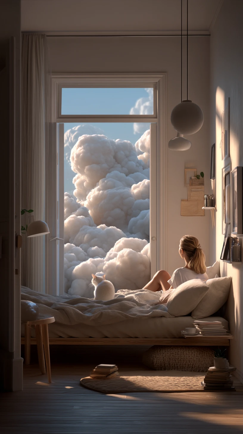 Niña y gato blanco despertando sobre una cama de nubes brillantes