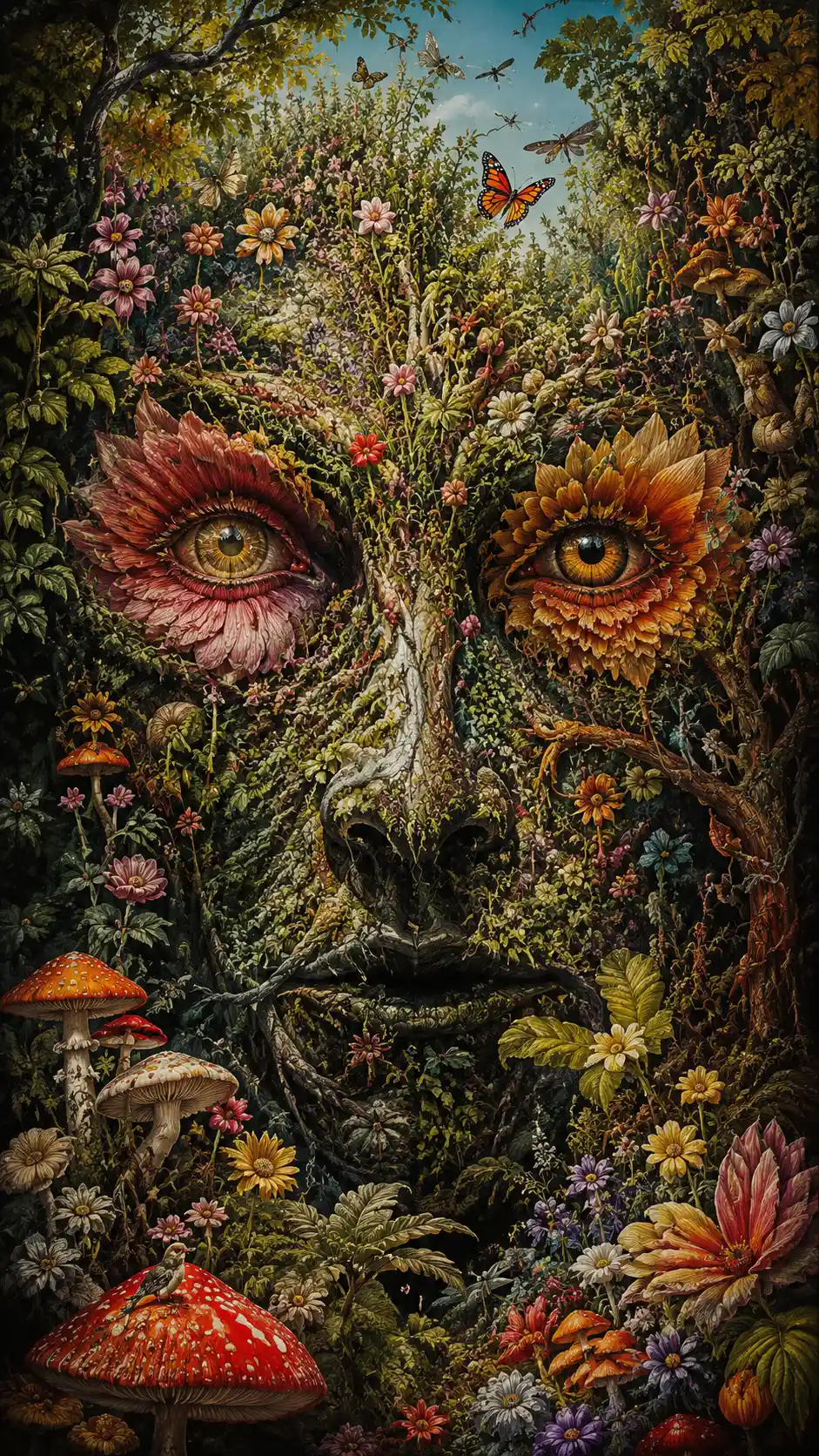 Jardín botánico surreal que forma un rostro oculto y misterioso