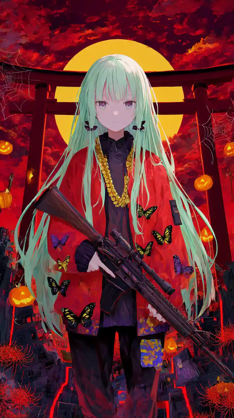 Chica de anime en una animada fiesta de Halloween con fantasmas y dulces