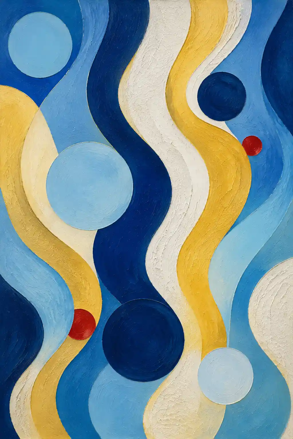 Abstract geometric painting with blue circles and wavy lines