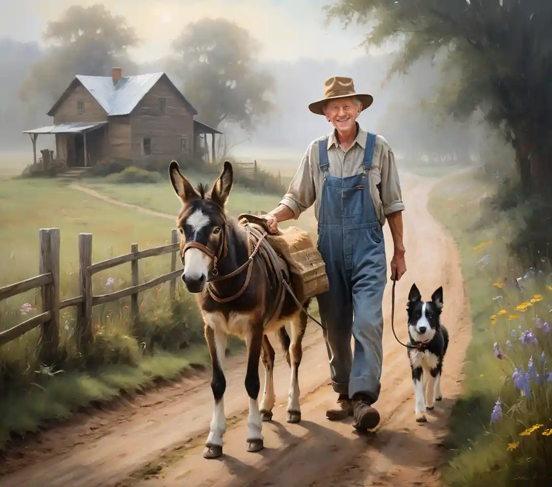 Boy riding a donkey on a misty country path
