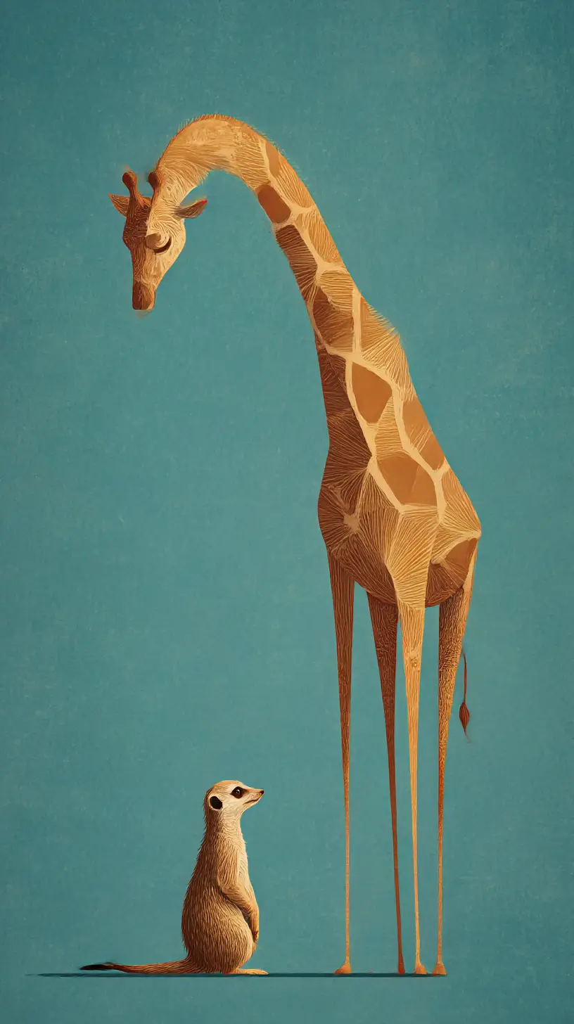 Surreal giraffe and meerkat meeting in minimalist digital art
