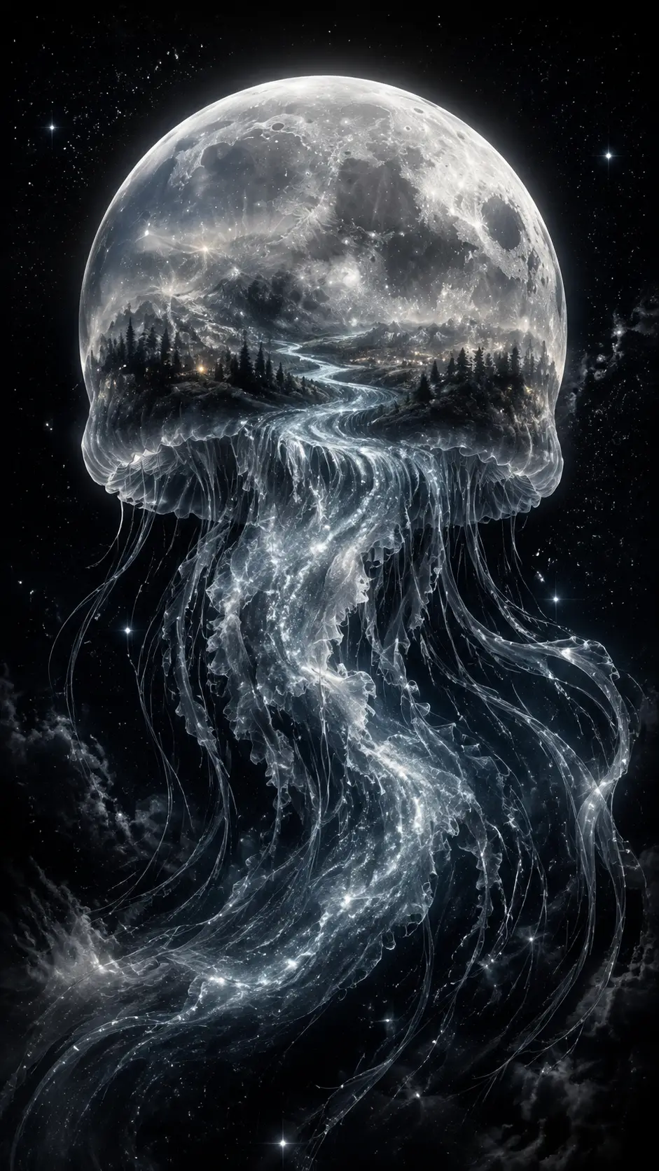 Giant Translucent Jellyfish Moon Floating In Deep Space
