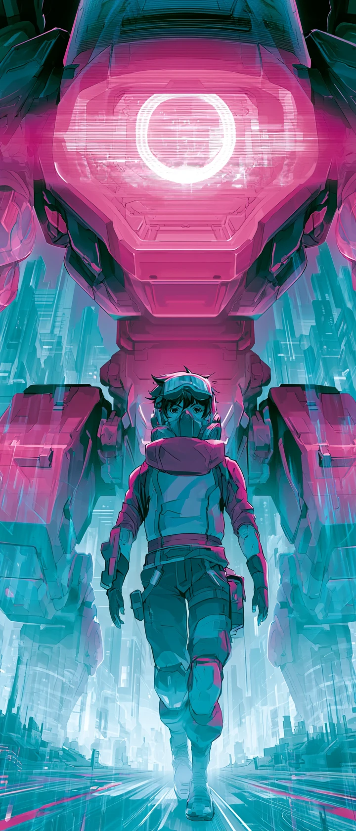 Cyberpunk-Anime-Pilot vor einem leuchtenden Mech in einer Neonstadt
