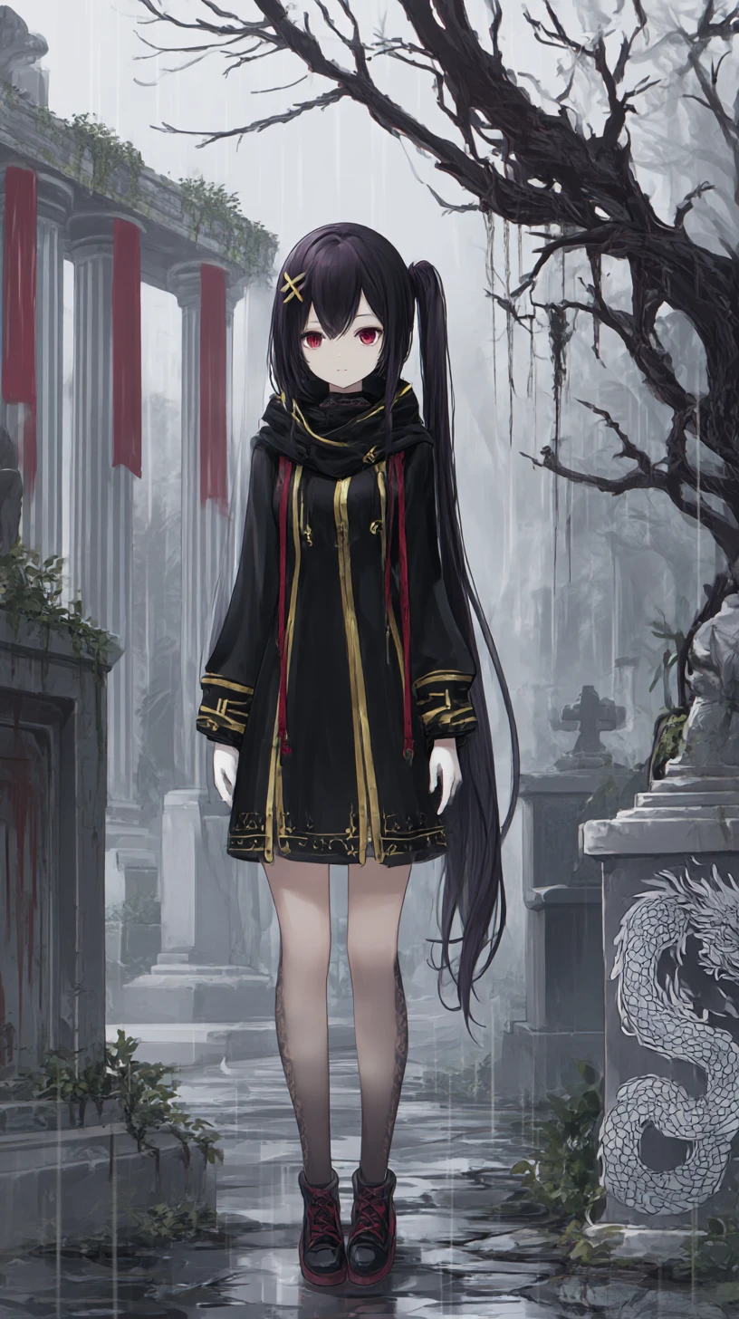 Chica de anime siniestra con cuerdas y estrellas en atuendo oscuro