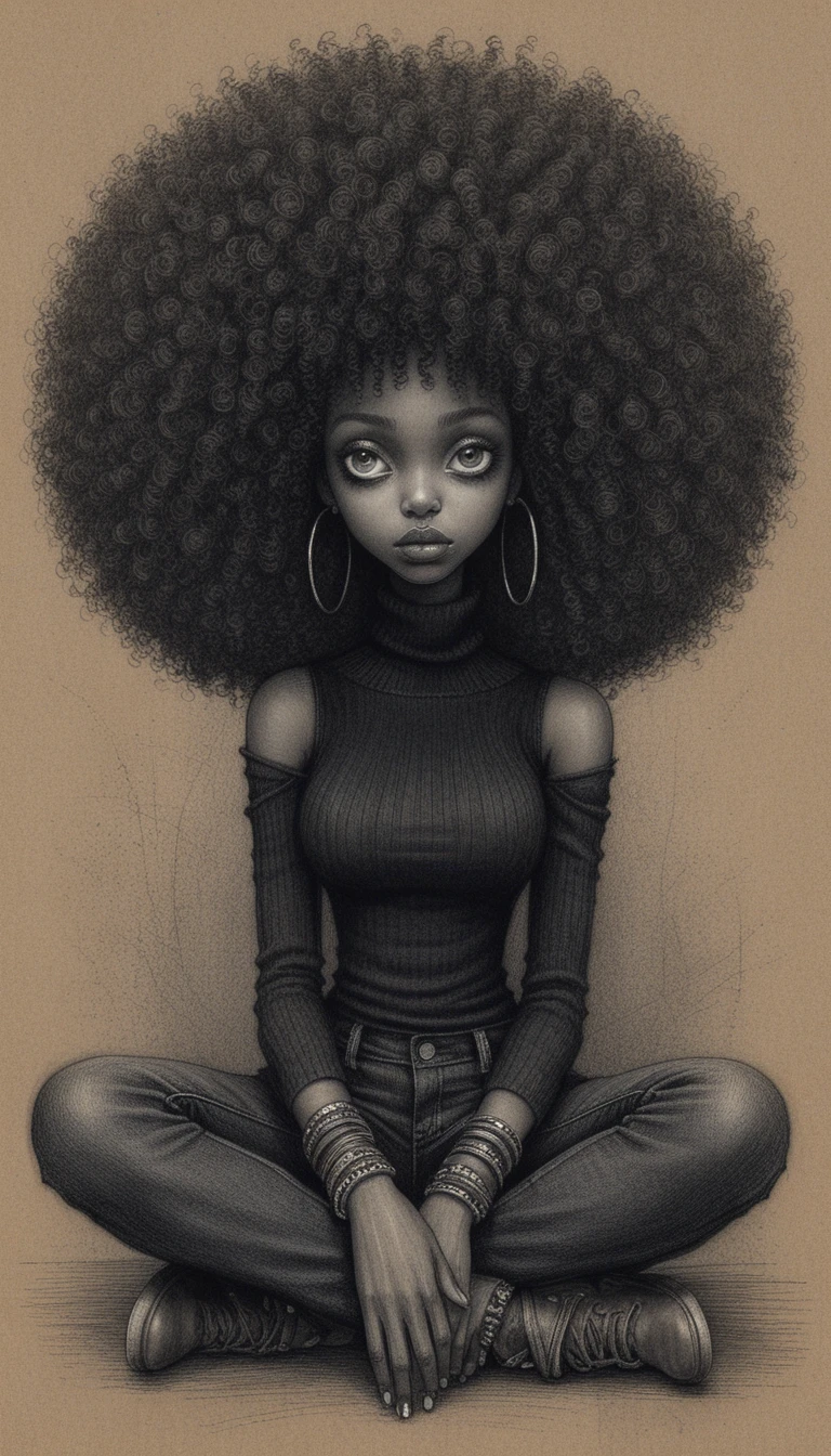 Mujer negra sombría con grandes ojos blancos en dibujo a grafito