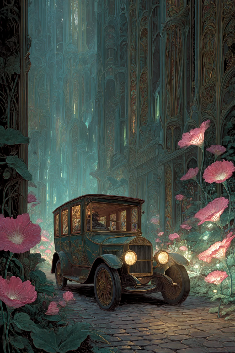 Auto antiguo surreal en una calle empedrada de noche