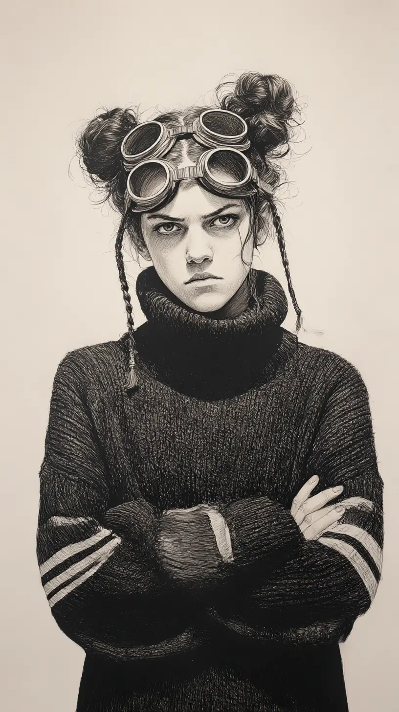 Moody girl in goggles pencil portrait with crossed arms