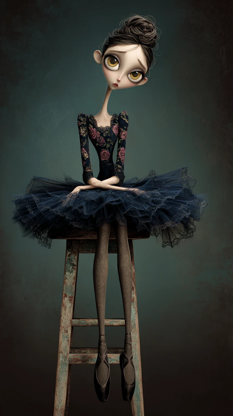 Bailarina melancólica en taburete de madera gastado en arte digital