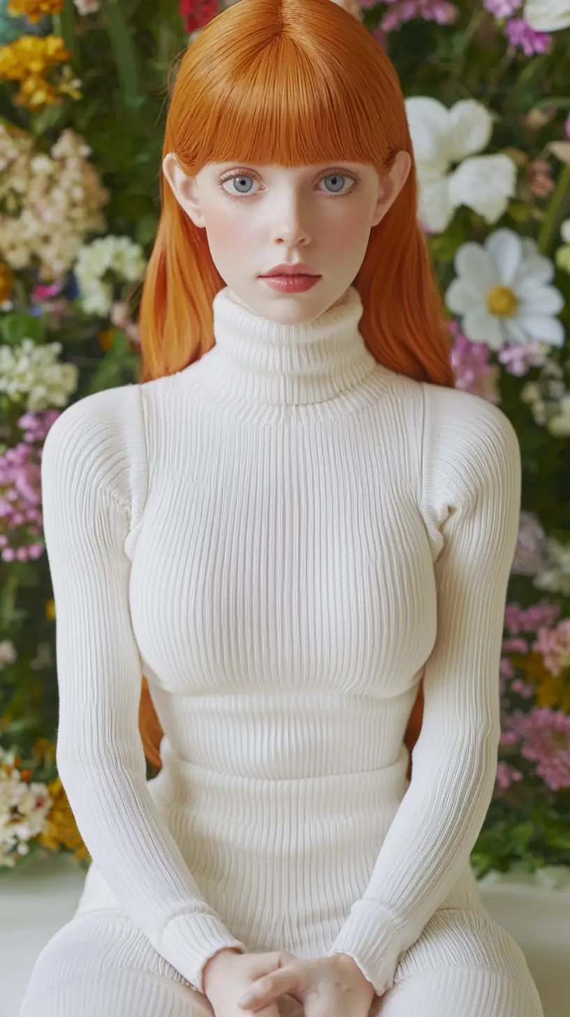 優雅高領上衣女子於花卉牆前優美擺姿