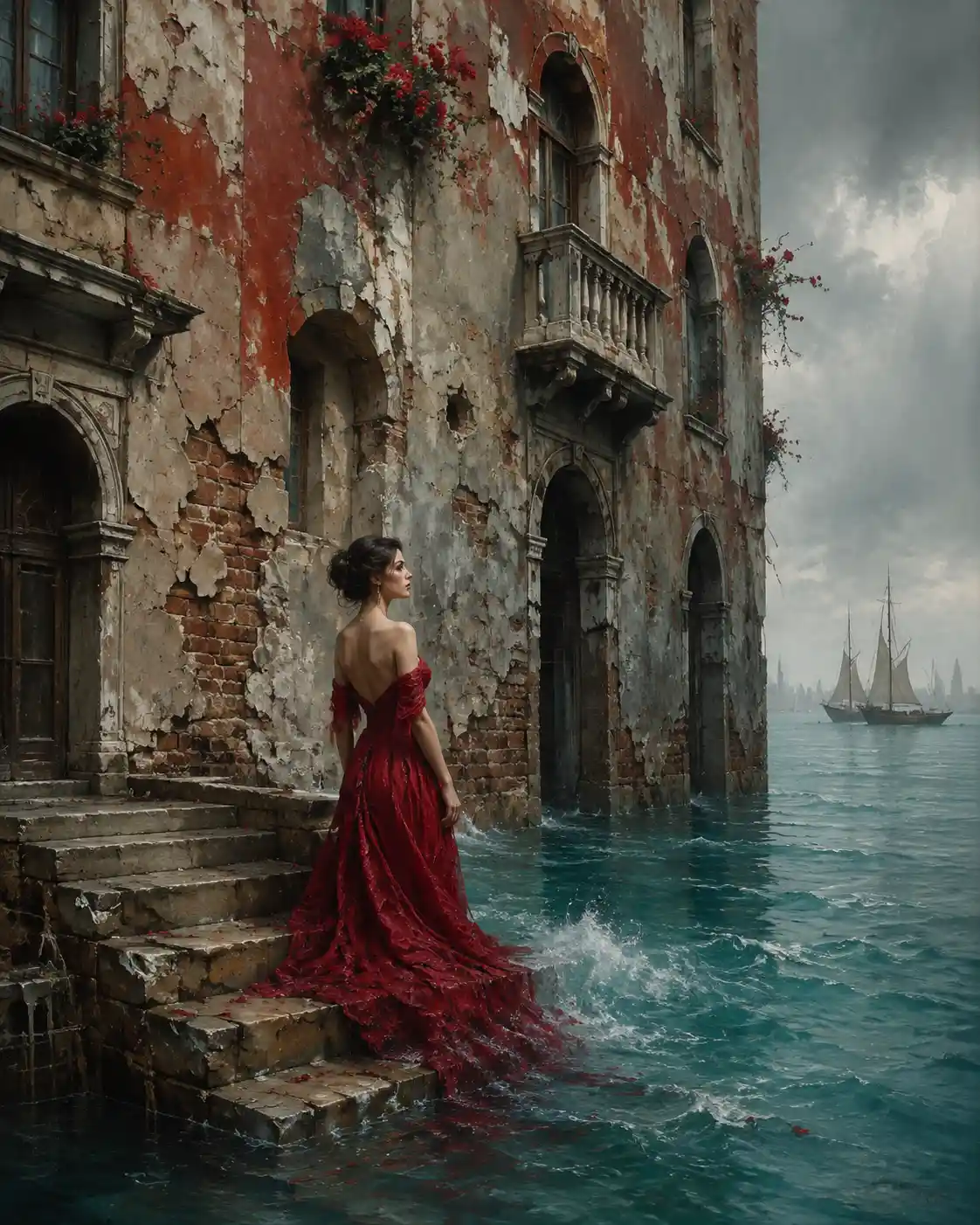 Mujer surreal con vestido rojo en palacio oceánico en ruinas