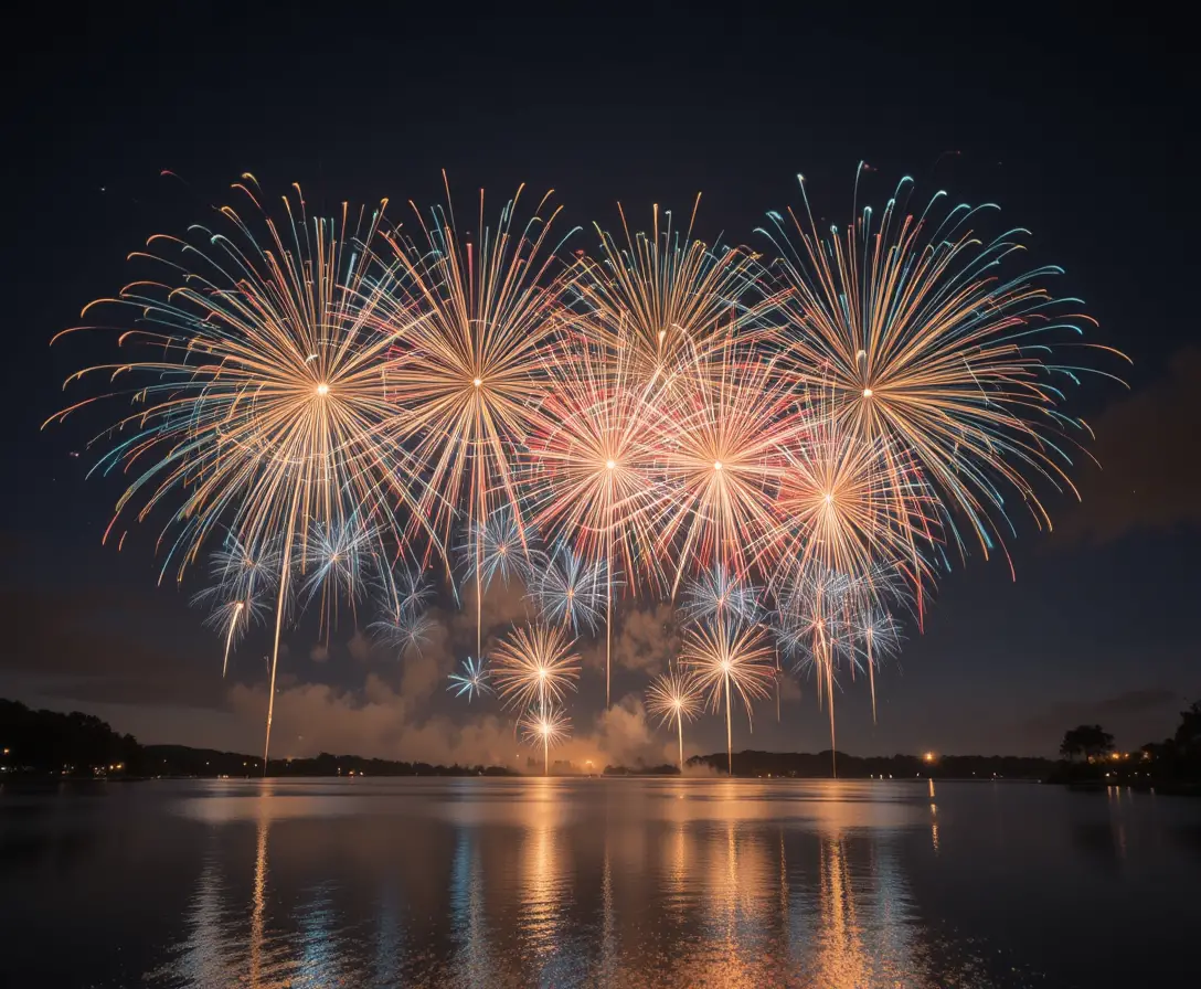 静かな夜の湖に打ち上がる色鮮やかな花火