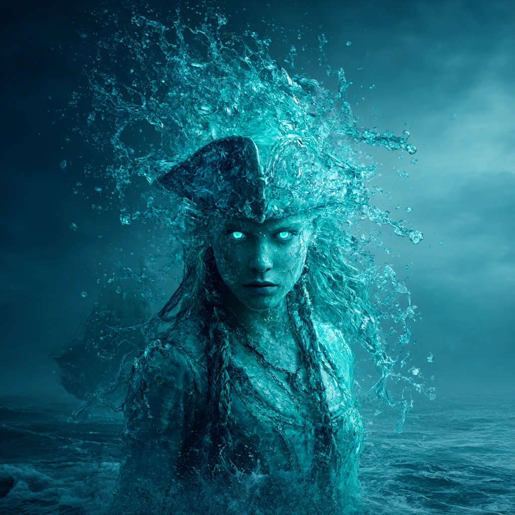 Mulher pirata turquesa surreal emergindo do mar tempestuoso