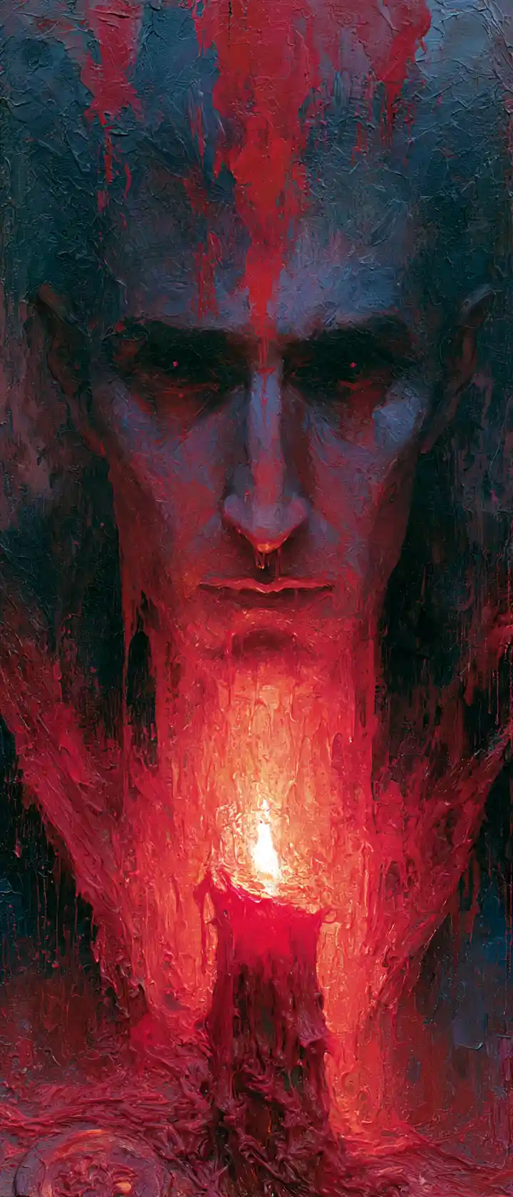 Gothic vampire portrait melting into dripping red candle wax