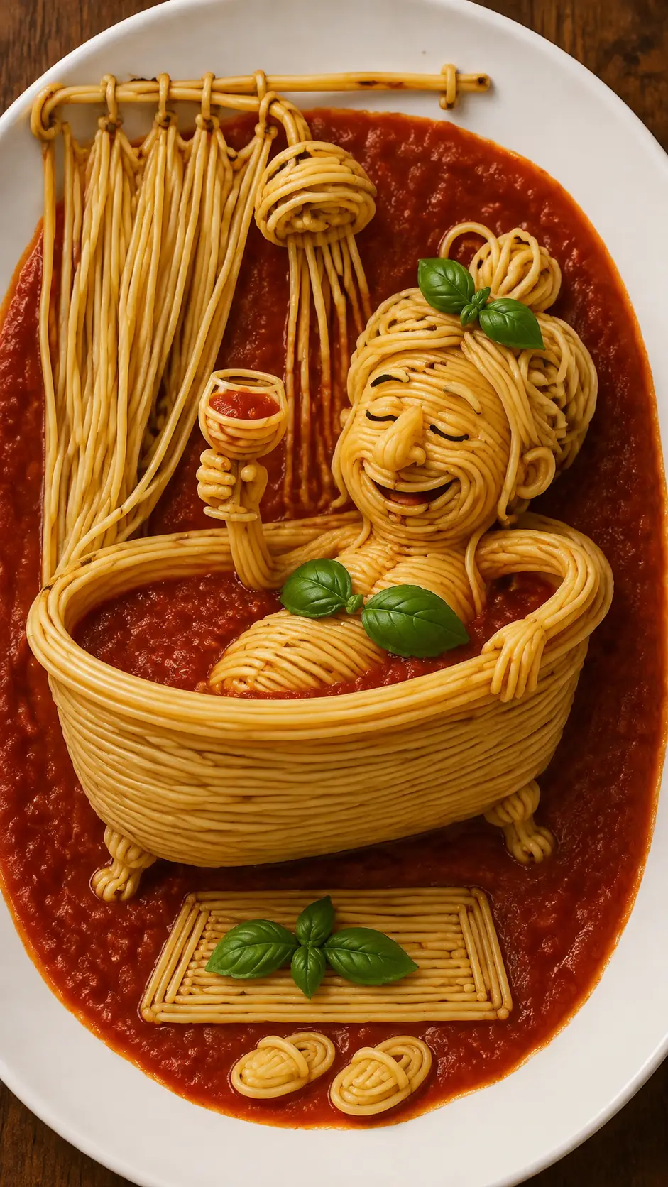 Divertida creación de espaguetis con hojas de albahaca y salsa de tomate