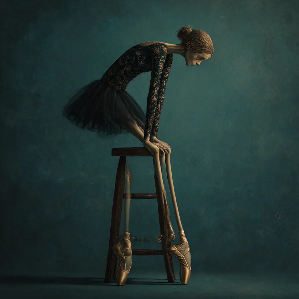 Surreal ballerina resting on a stool in dark teal studio