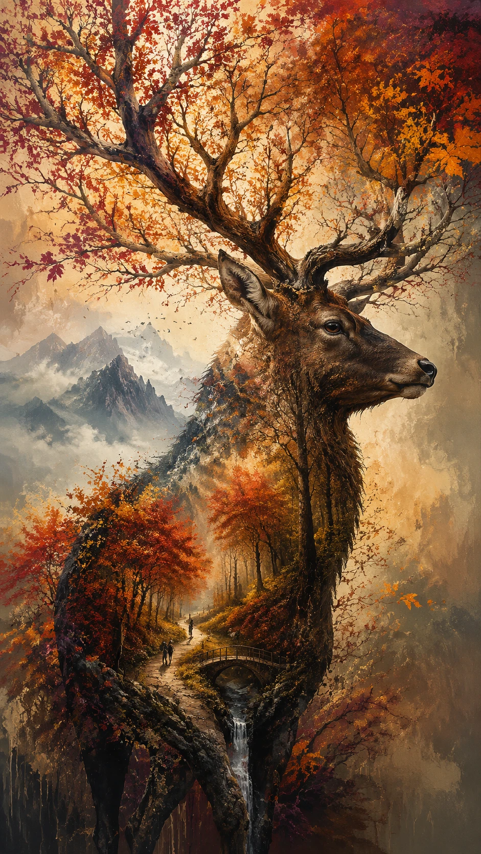 Silhouette Surréaliste d’un Cerf se Fondant dans une Forêt d’Automne