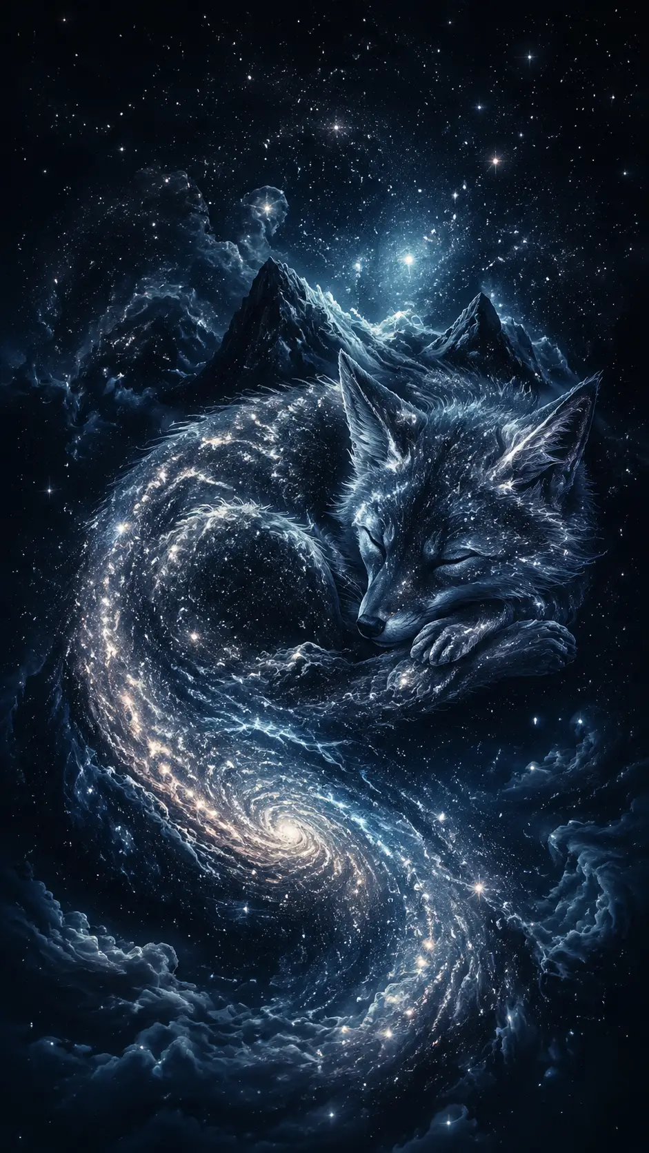 Sleeping fox silhouette formed from a star filled night sky