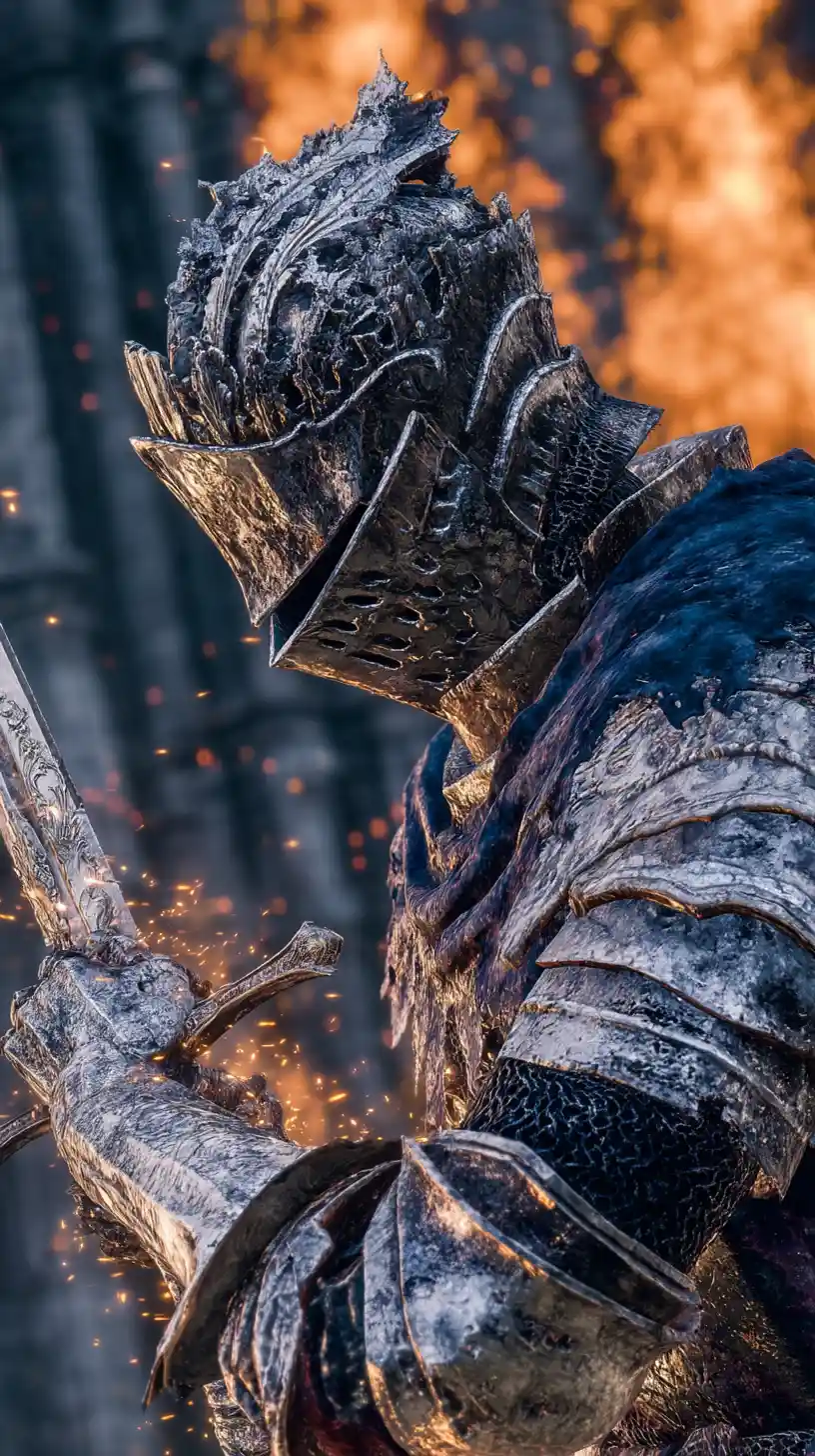 Armored knight unleashing a fiery final sword strike