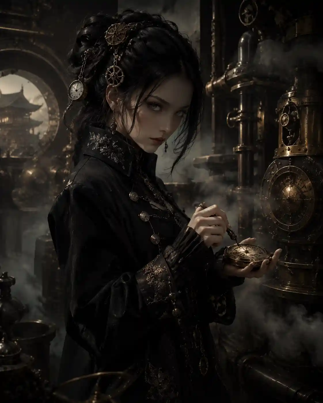 Mysterious woman in steampunk coat with intricate timepiece