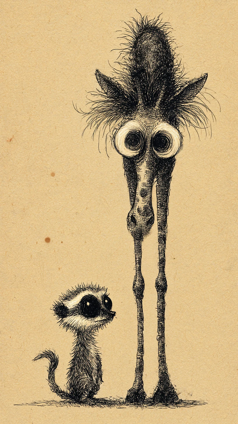 Eerie Ink Giraffe And Meerkat Staring On Aged Paper