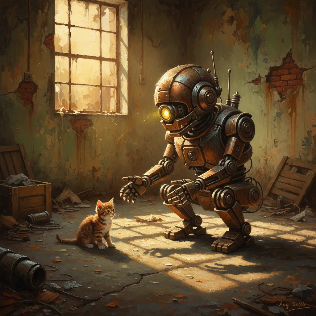 Small robot reaching out to a curious kitten in sunlight