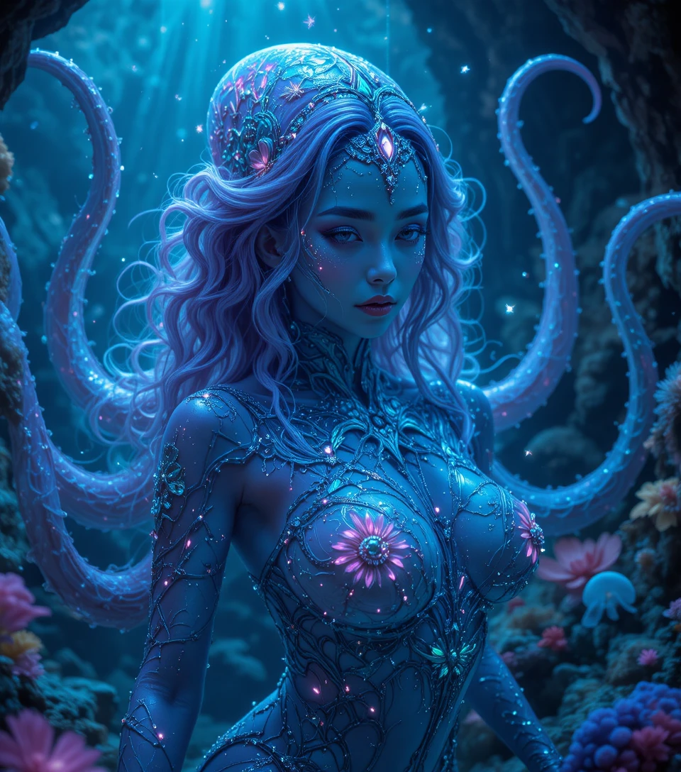 Mujer calamar bioluminiscente en caverna abisal oceánica