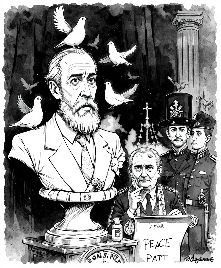 Satirical political cartoon with doves and speaking figures