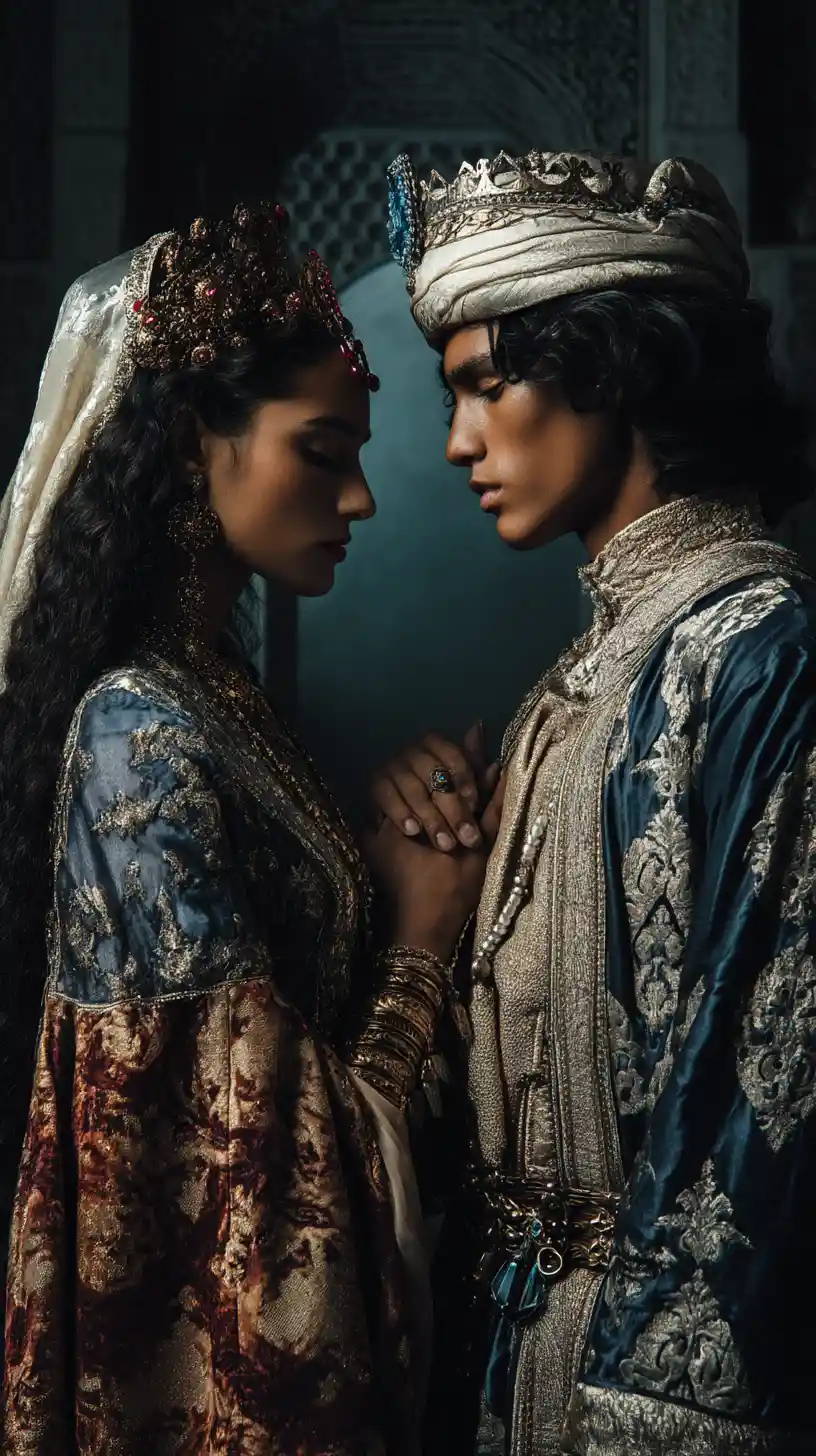 Royal couple reaching toward each other in dark palace