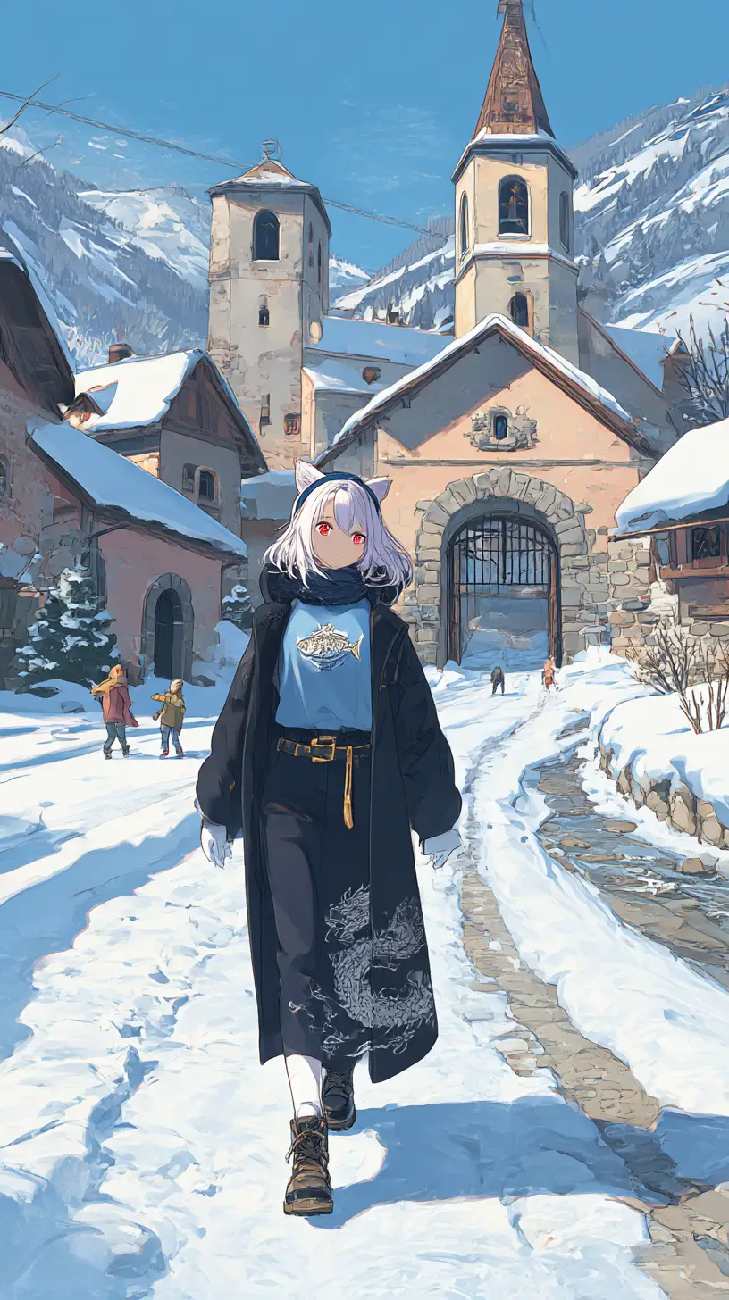 Anime girl walking through a snowy village toward a grand estate