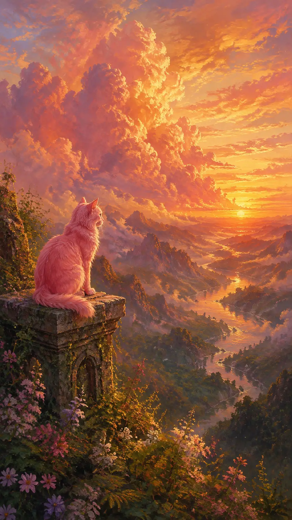 Gato rosa contemplando un valle dorado al atardecer