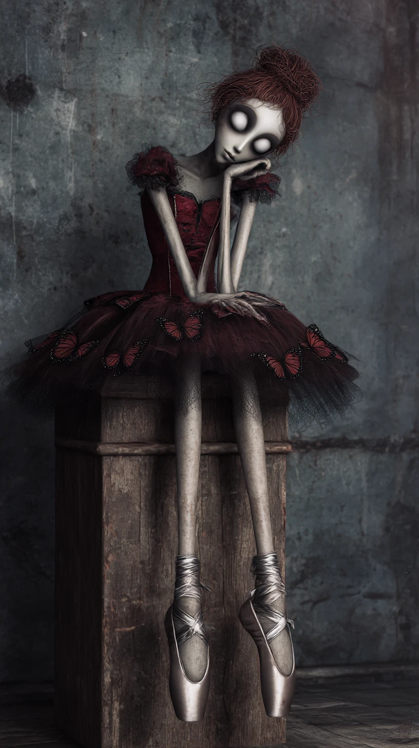Melancholic gothic ballerina on a worn wooden stool