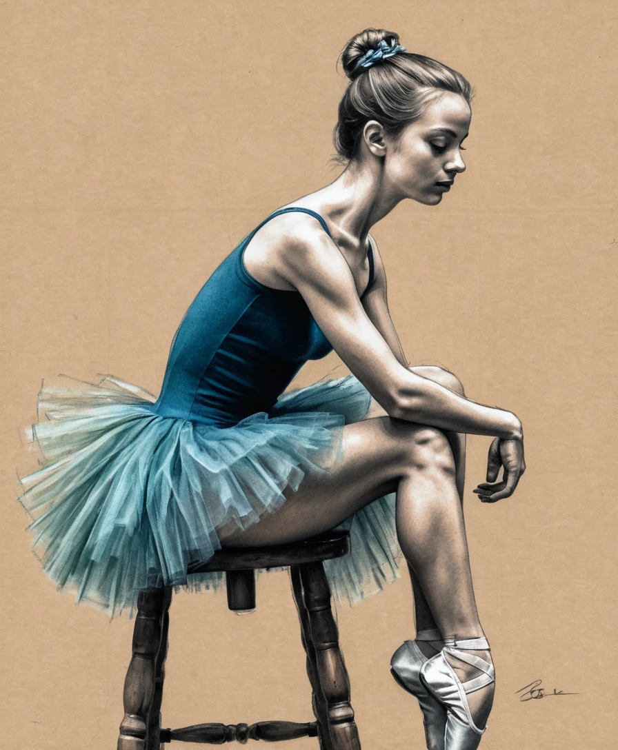 Giovane ballerina pensierosa seduta su uno sgabello di legno