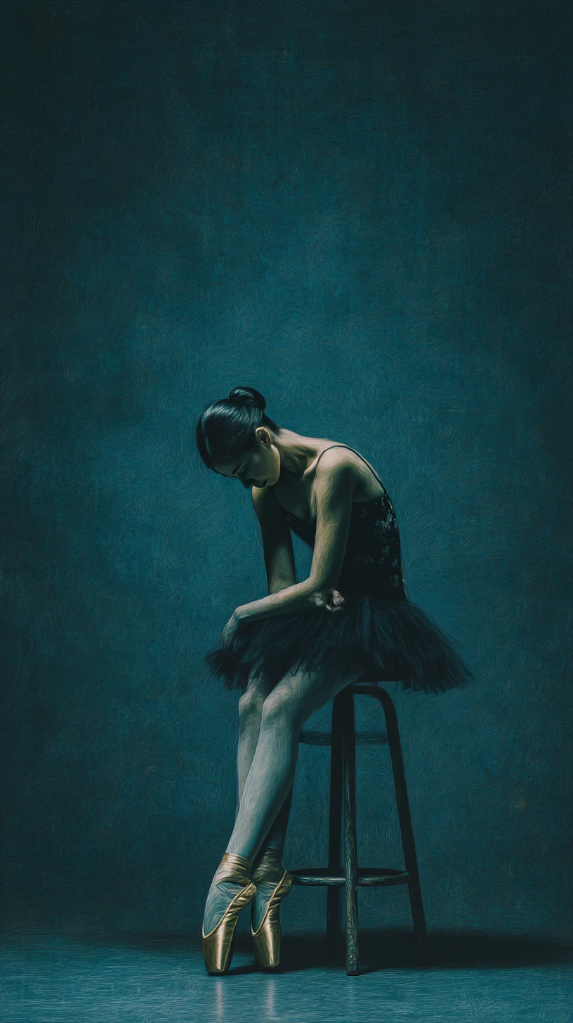 Ballerine surréaliste assise sur un tabouret dans un studio bleu sarcelle foncé