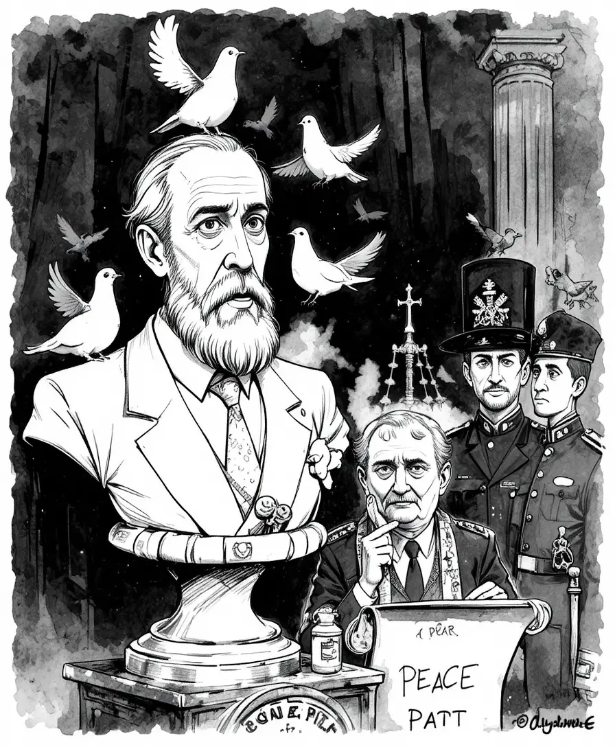Dessin politique satirique avec colombes et personnages qui parlent
