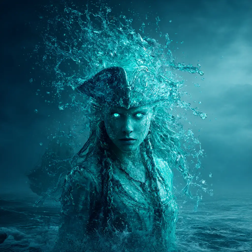 Surreal Turquoise Pirate Woman Rising From Stormy Sea