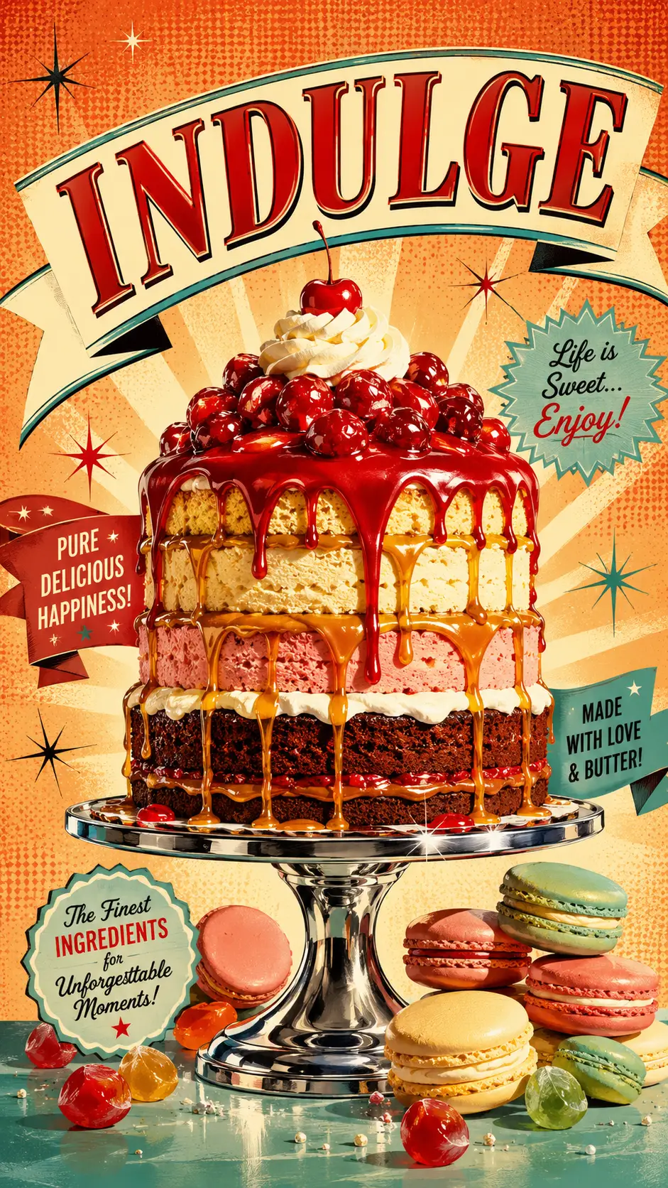 Ilustración de pastel retro en pedestal cromado con texto en negrita “Indulge”
