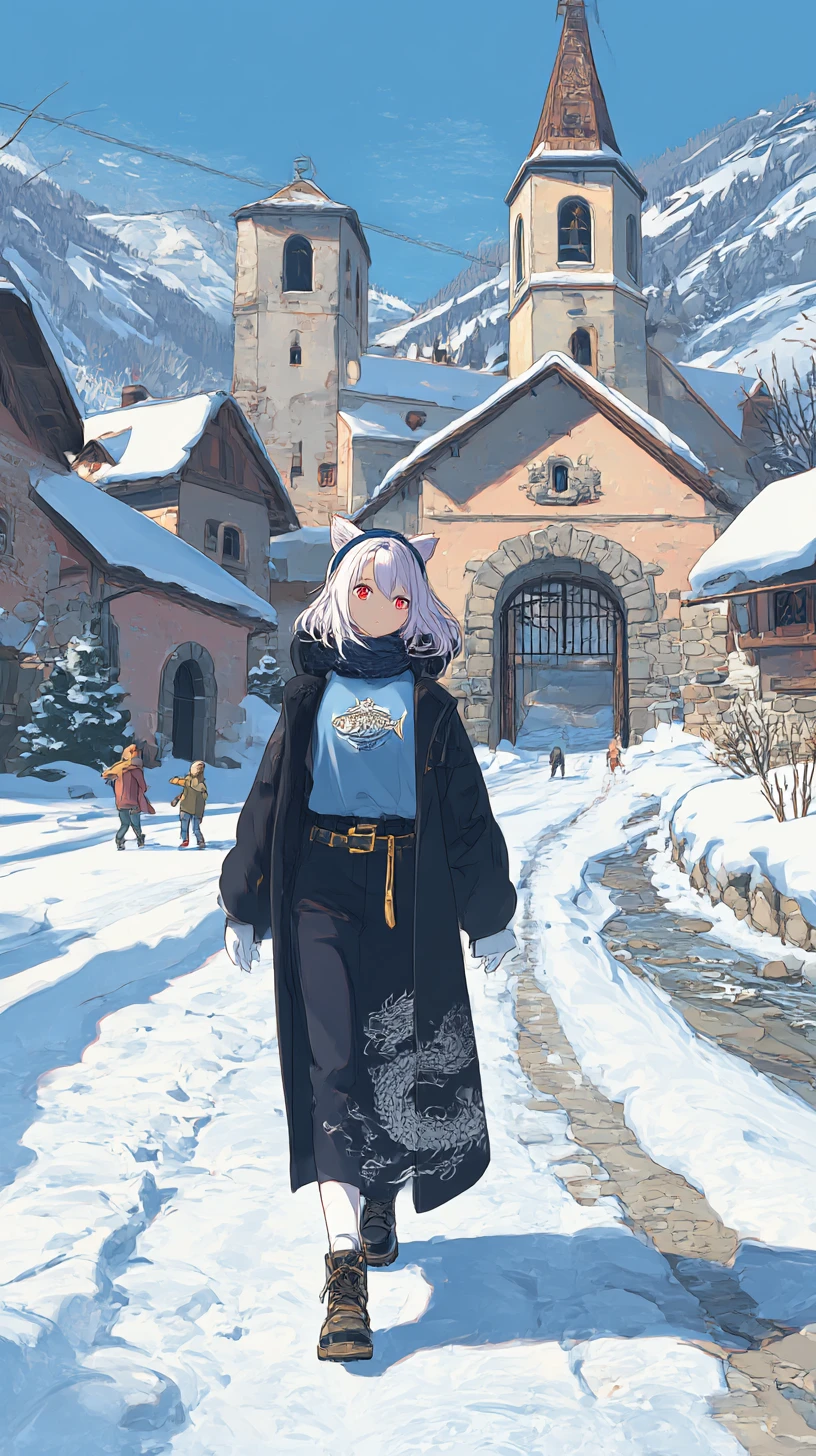 Chica de anime caminando por un pueblo nevado hacia una gran mansión