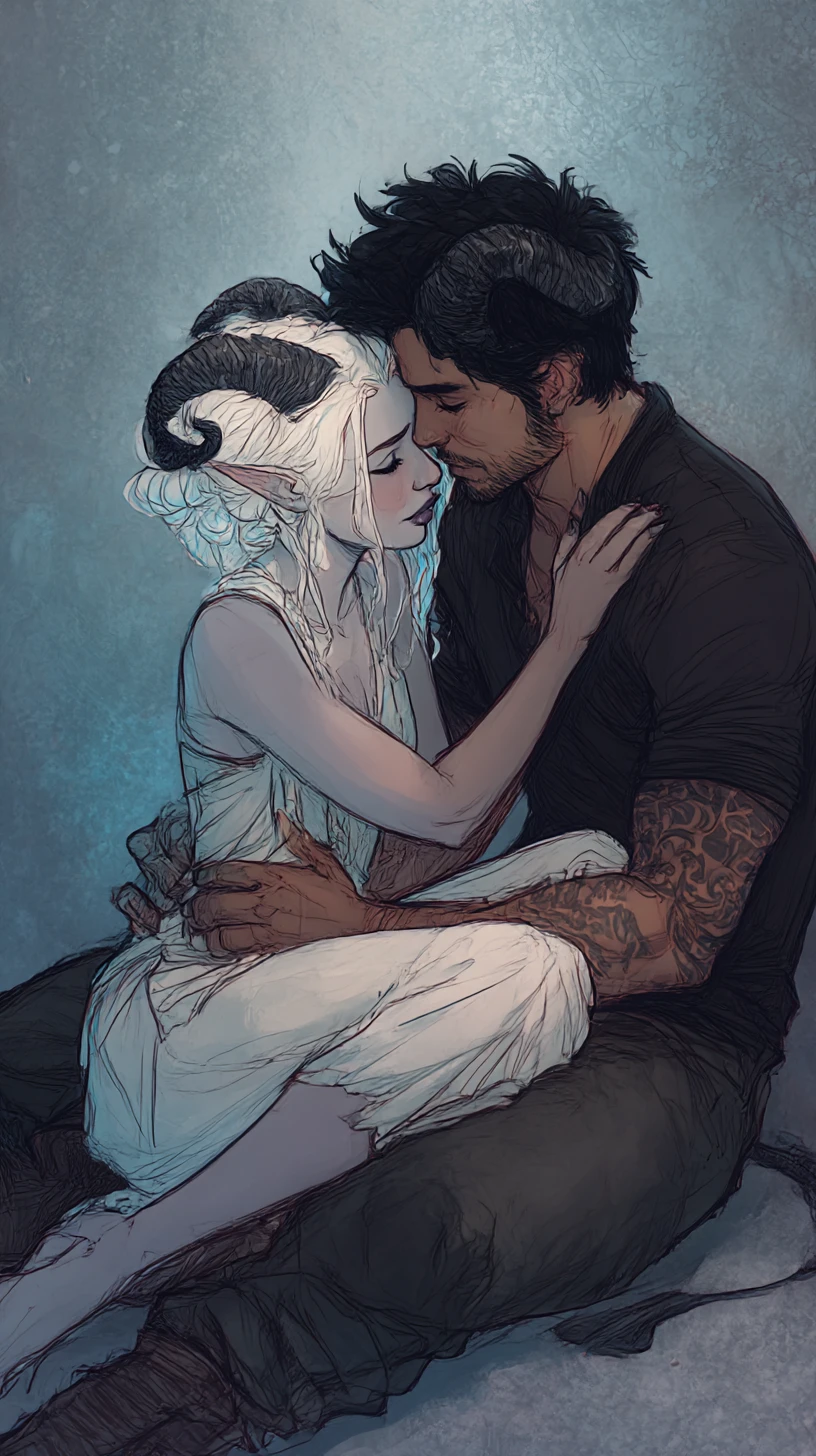 Mujer tiefling abrazando a su amante en una escena de fantasía íntima