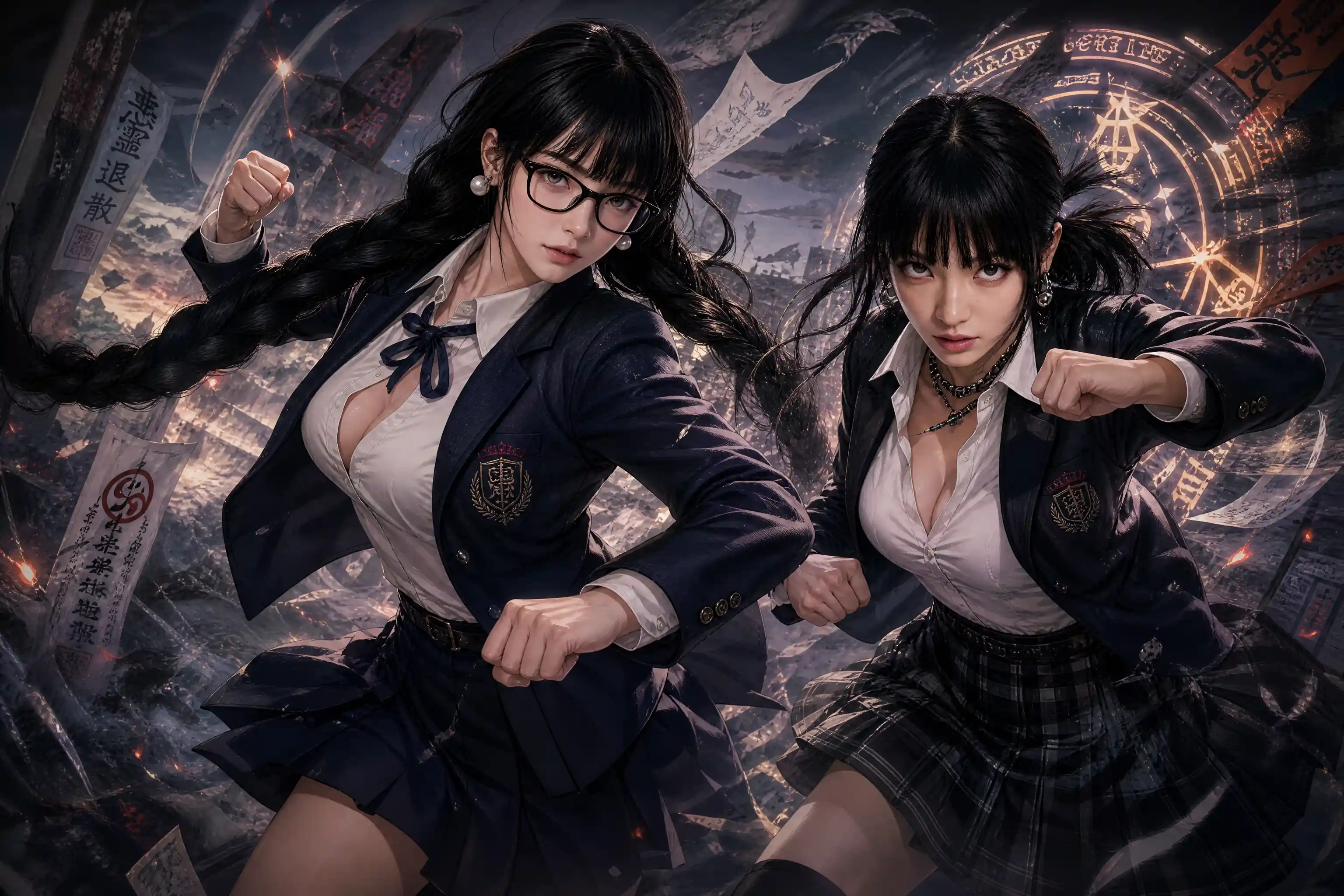 Dos colegialas de anime listas para una intensa pelea a puñetazos