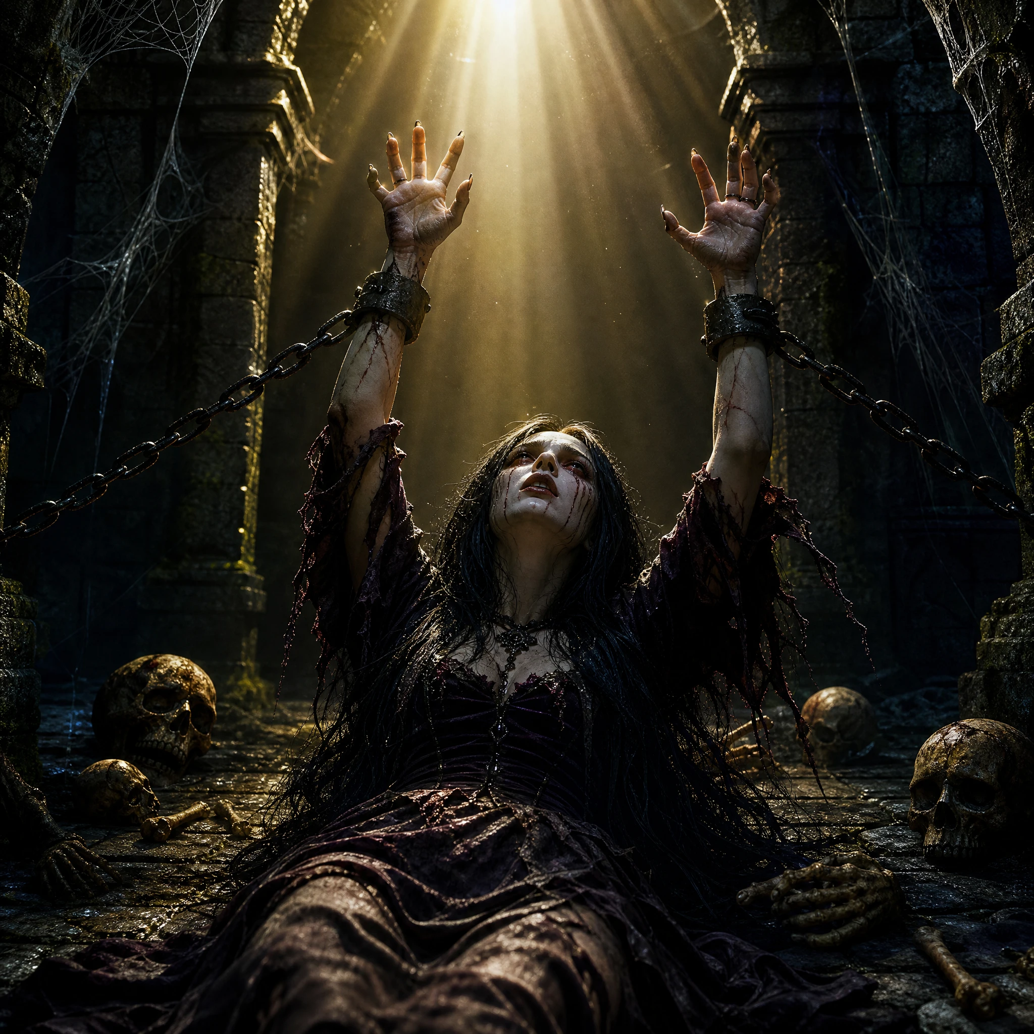 Chained gothic woman reaching toward sunlight in dungeon